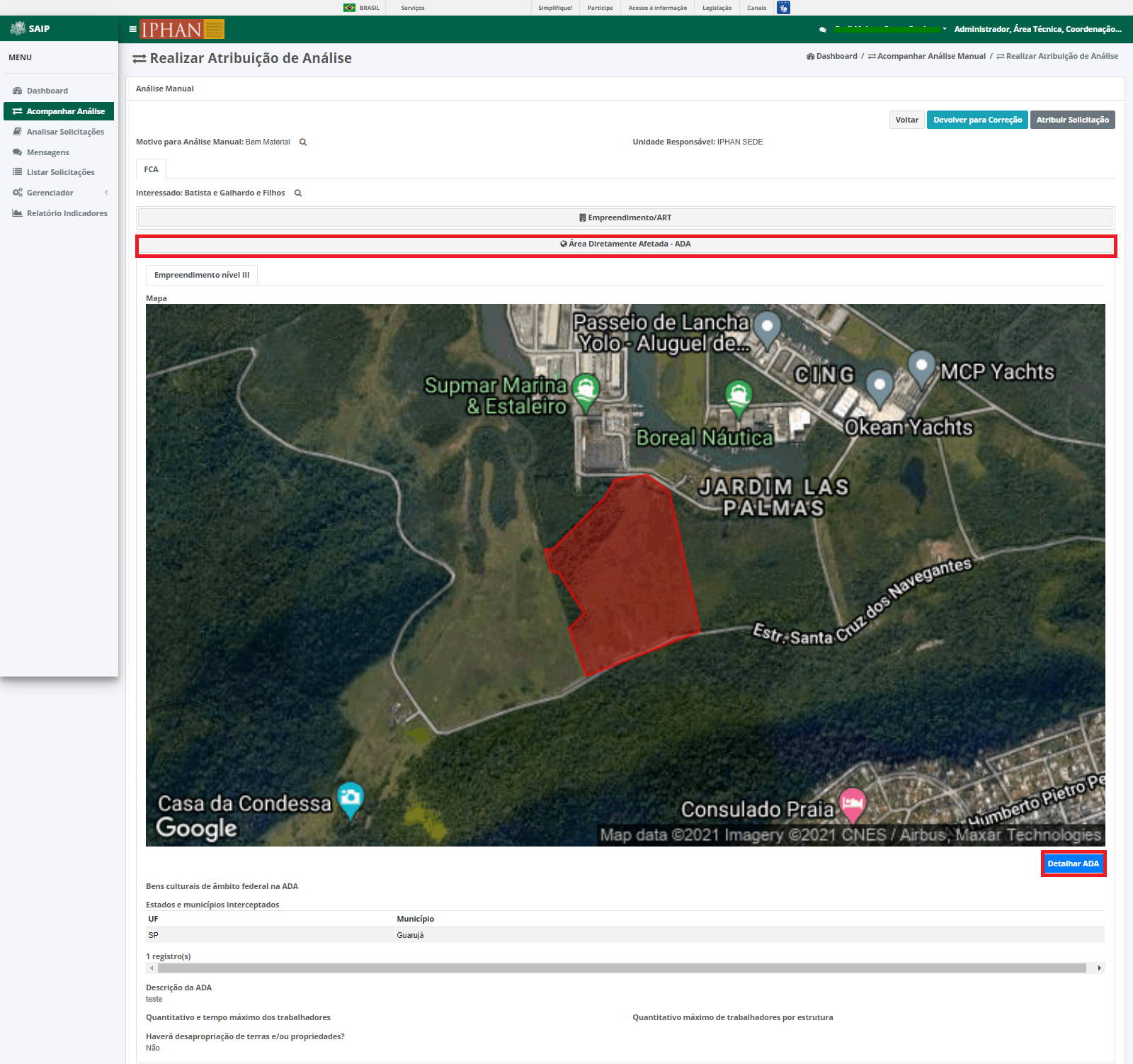 SAIP Interno Acompanhar Analise Realizar Atribuicao Analise FCA Itens Area Diretamente