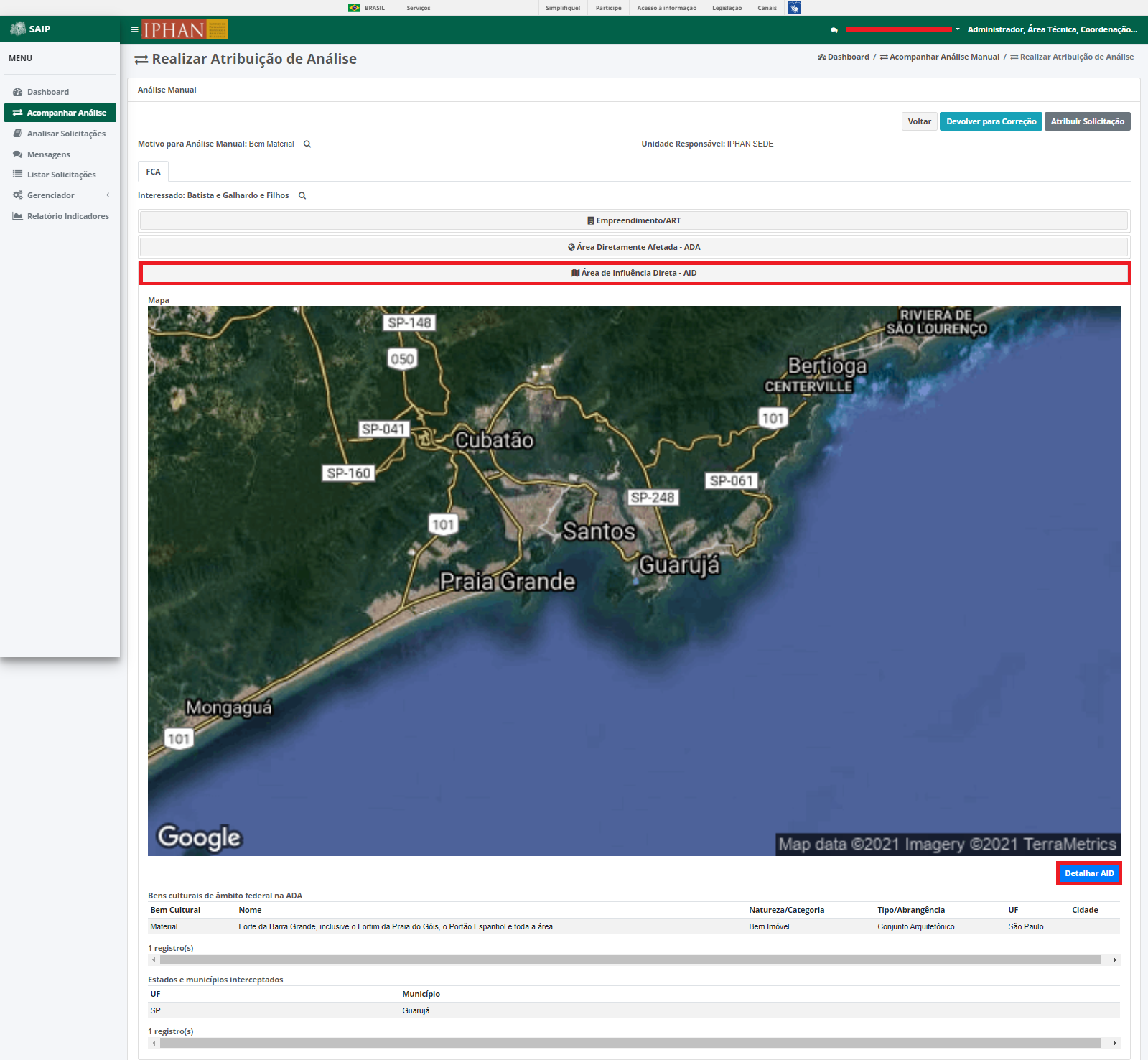 SAIP Interno Acompanhar Analise Realizar Atribuicao Analise FCA Itens Area Influencia