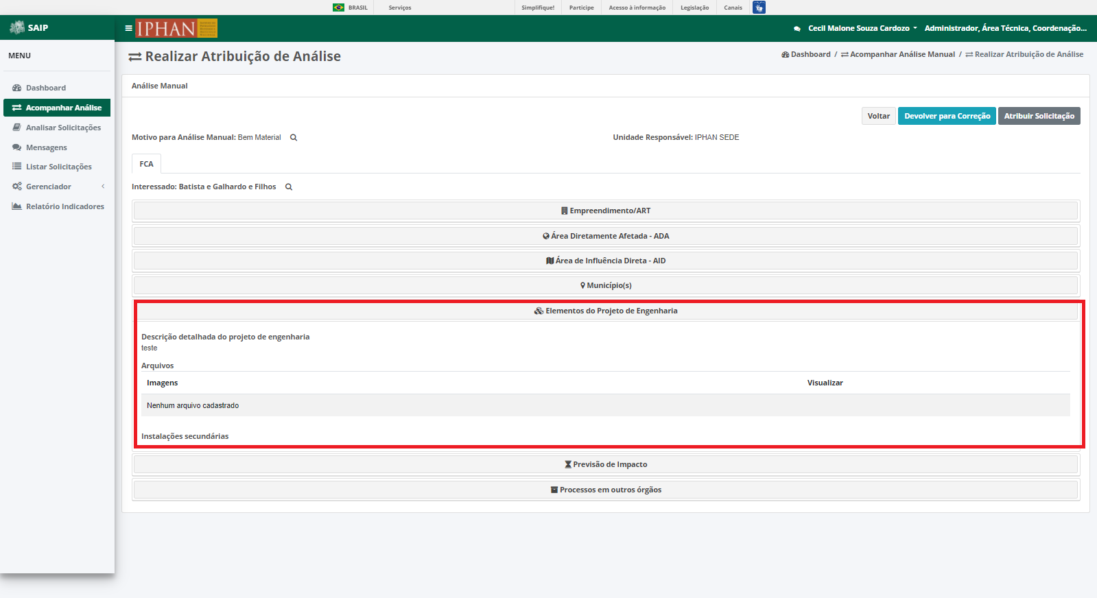SAIP Interno Acompanhar Analise Realizar Atribuicao Análise FCA Itens Elemento