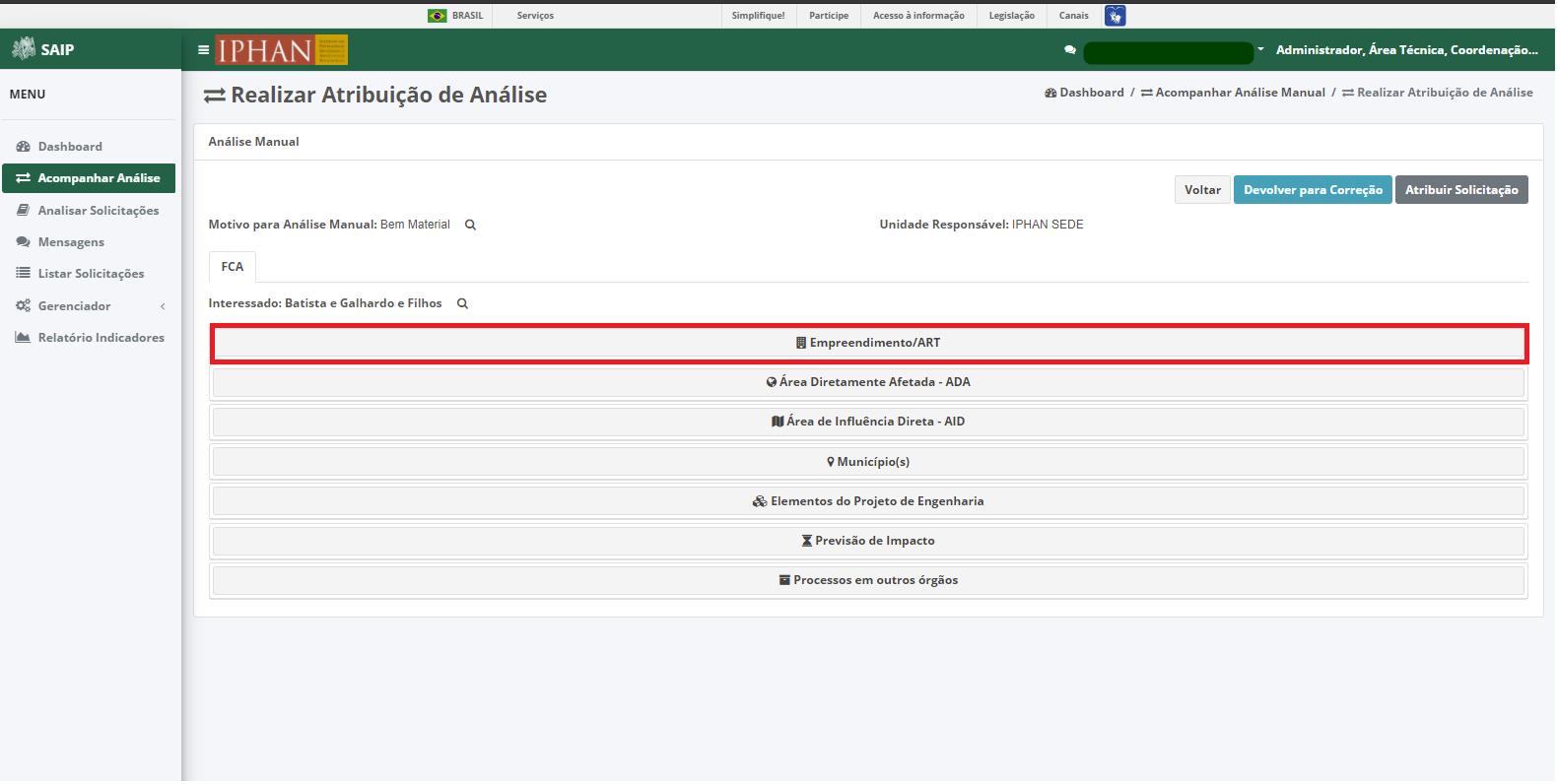 SAIP Interno Acompanhar Analise Realizar Atribuicao Analise FCA Itens Empreedimento