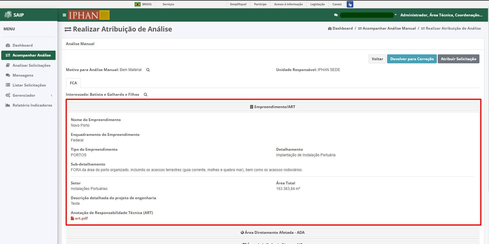 SAIP Interno Acompanhar Analise Realizar Atribuicao Analise FCA Itens Empreedimento Aberto