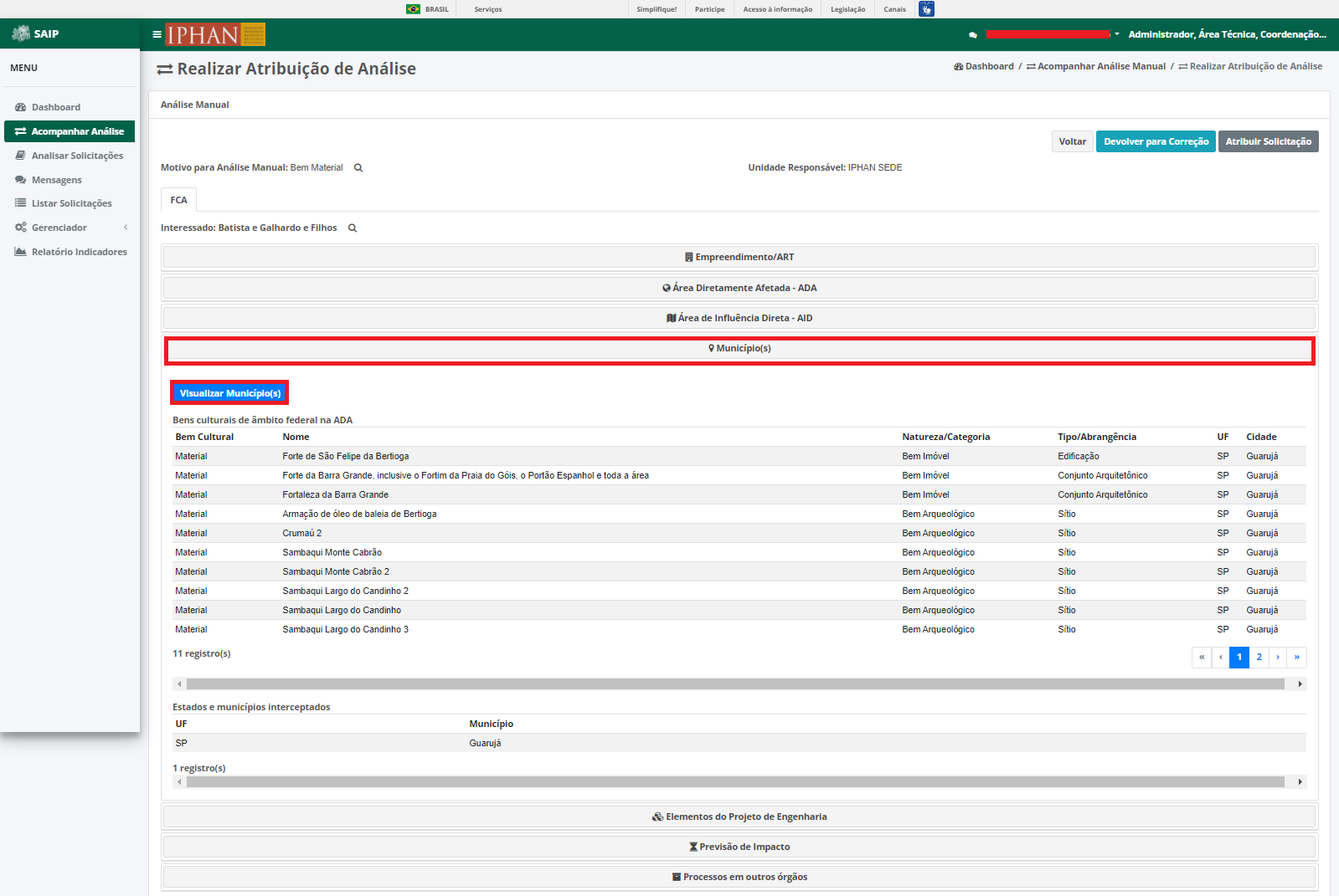 SAIP Interno Acompanhar Analise Realizar Atribuicao Analise FCA Itens Municipio