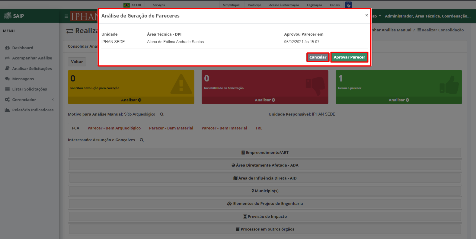 SAIP Interno Consolidar Analise Manual Consolidar Análise