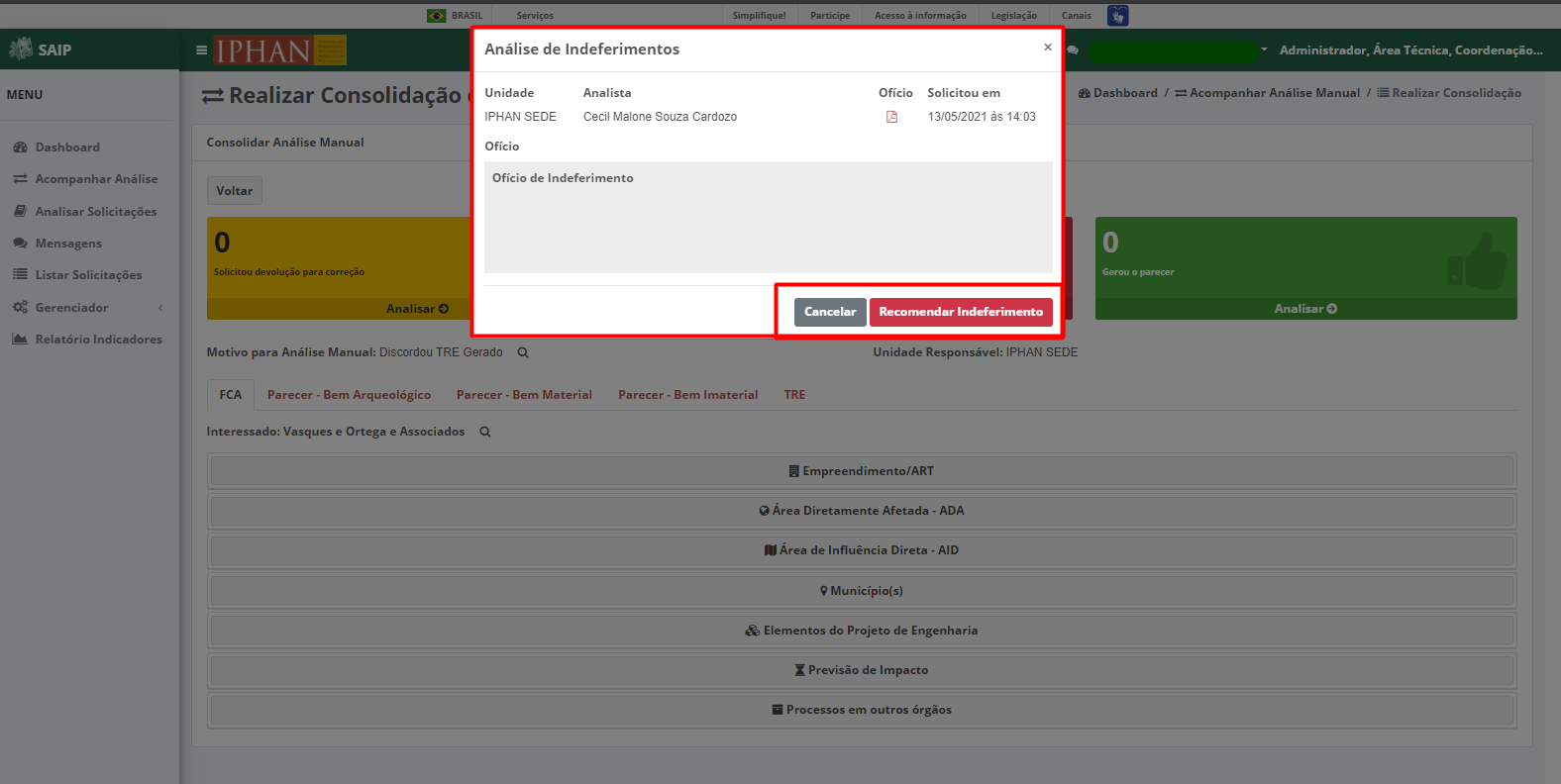 SAIP Interno Consolidar Analise Manual Consolidar Análise