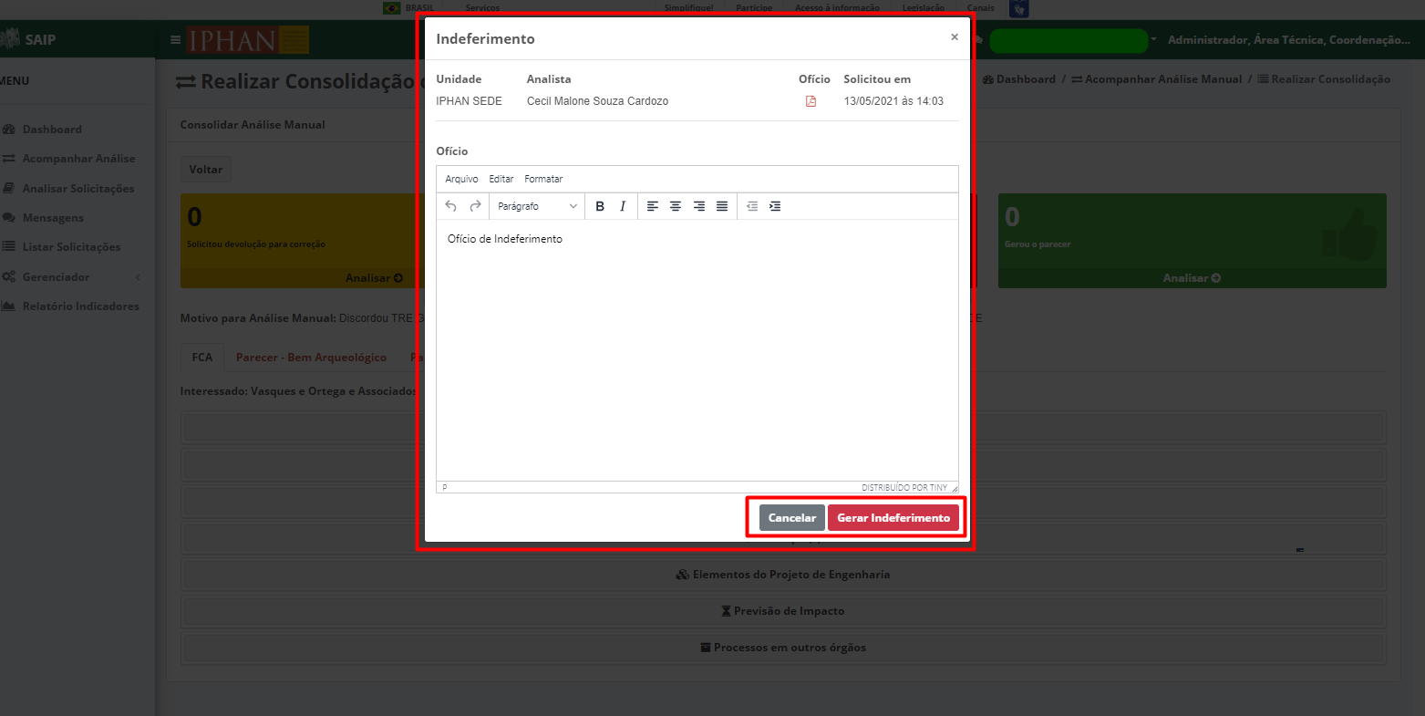 SAIP Interno Consolidar Analise Manual Consolidar Análise