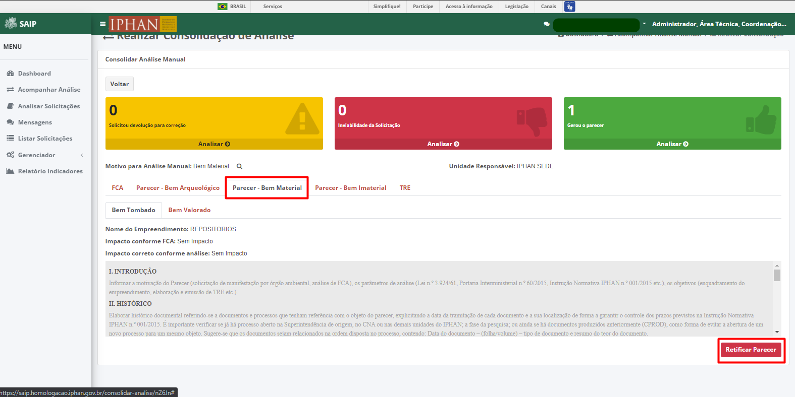 SAIP Interno Consolidar Analise Manual Consolidar Análise
