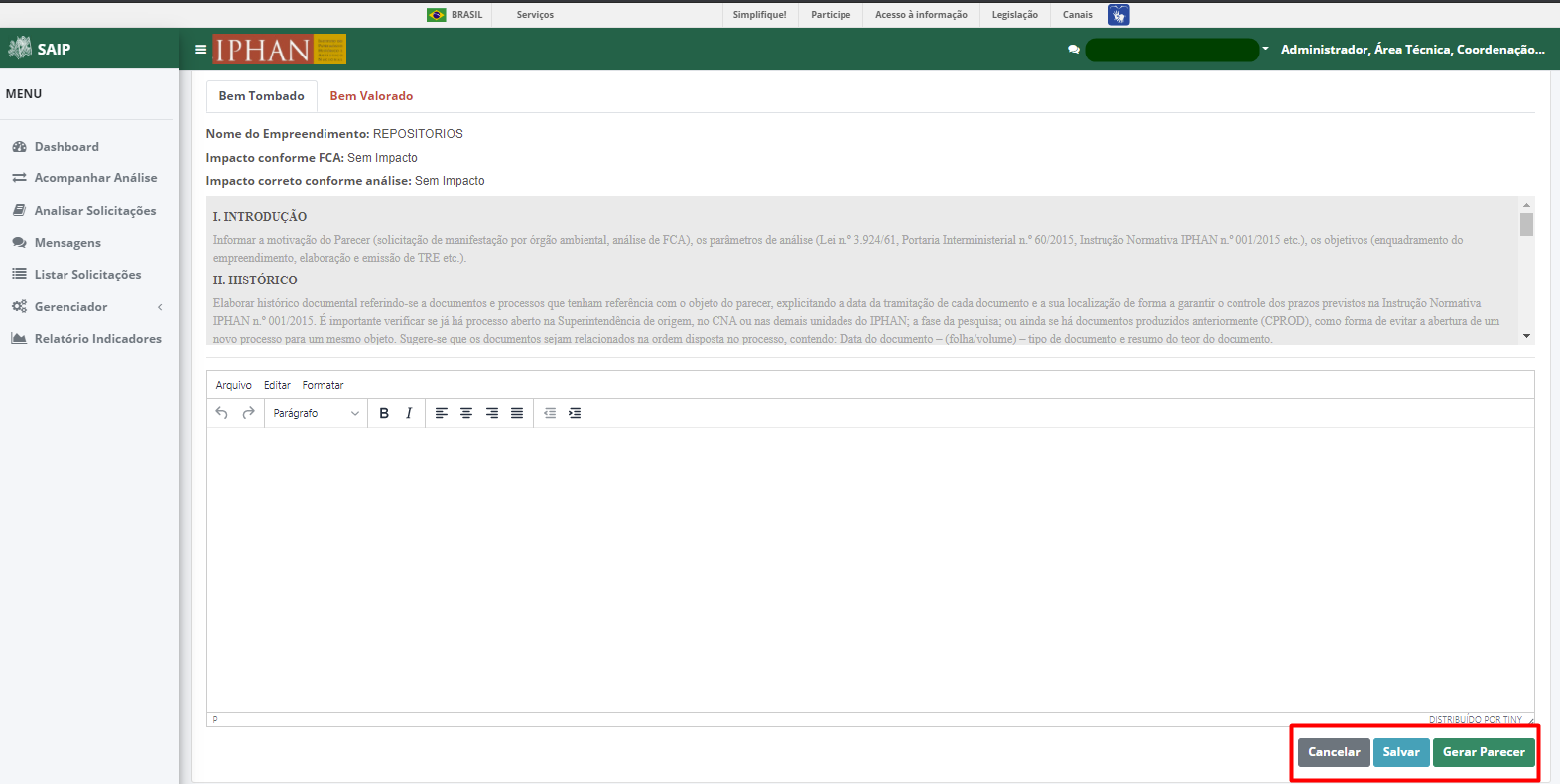 SAIP Interno Consolidar Analise Manual Consolidar Análise