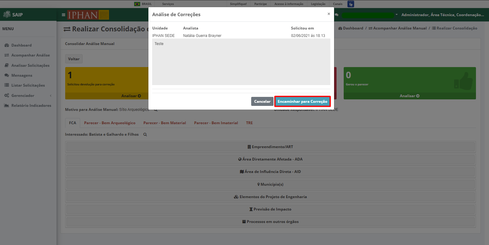 SAIP Interno Consolidar Analise Manual Consolidar Análise