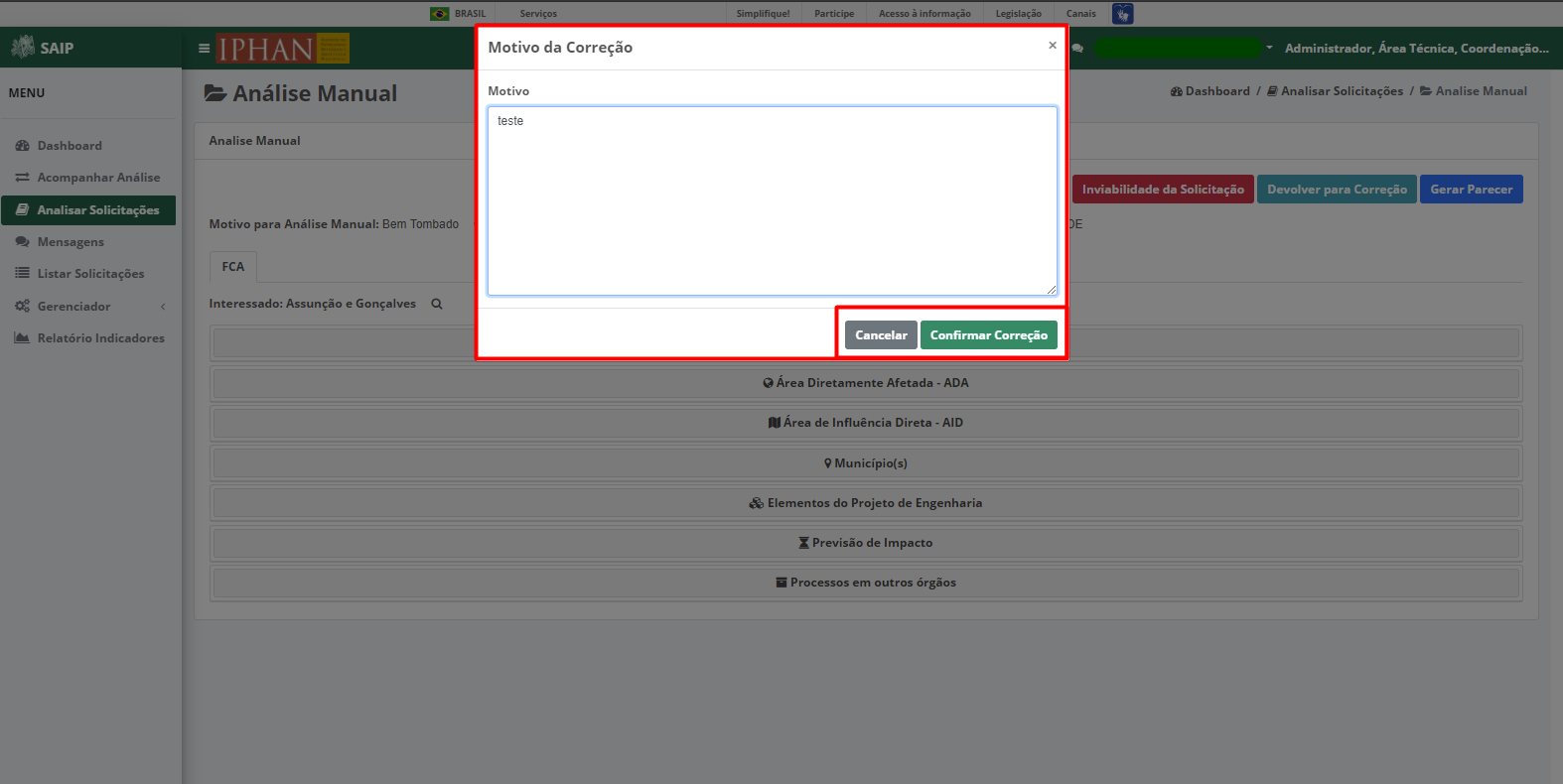 SAIP Interno Acompanhar Análisar Solicitações