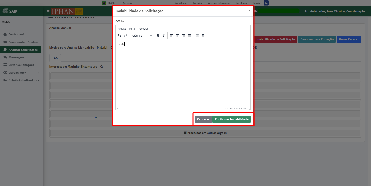 SAIP Interno Acompanhar Análisar Solicitações