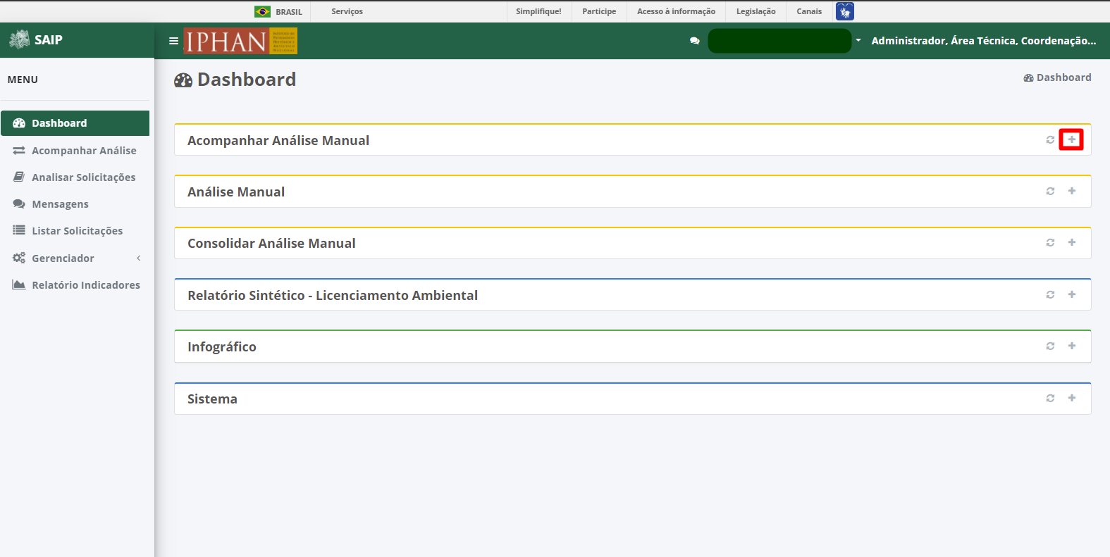 SAIP Interno Dashboard Mostrar Dados