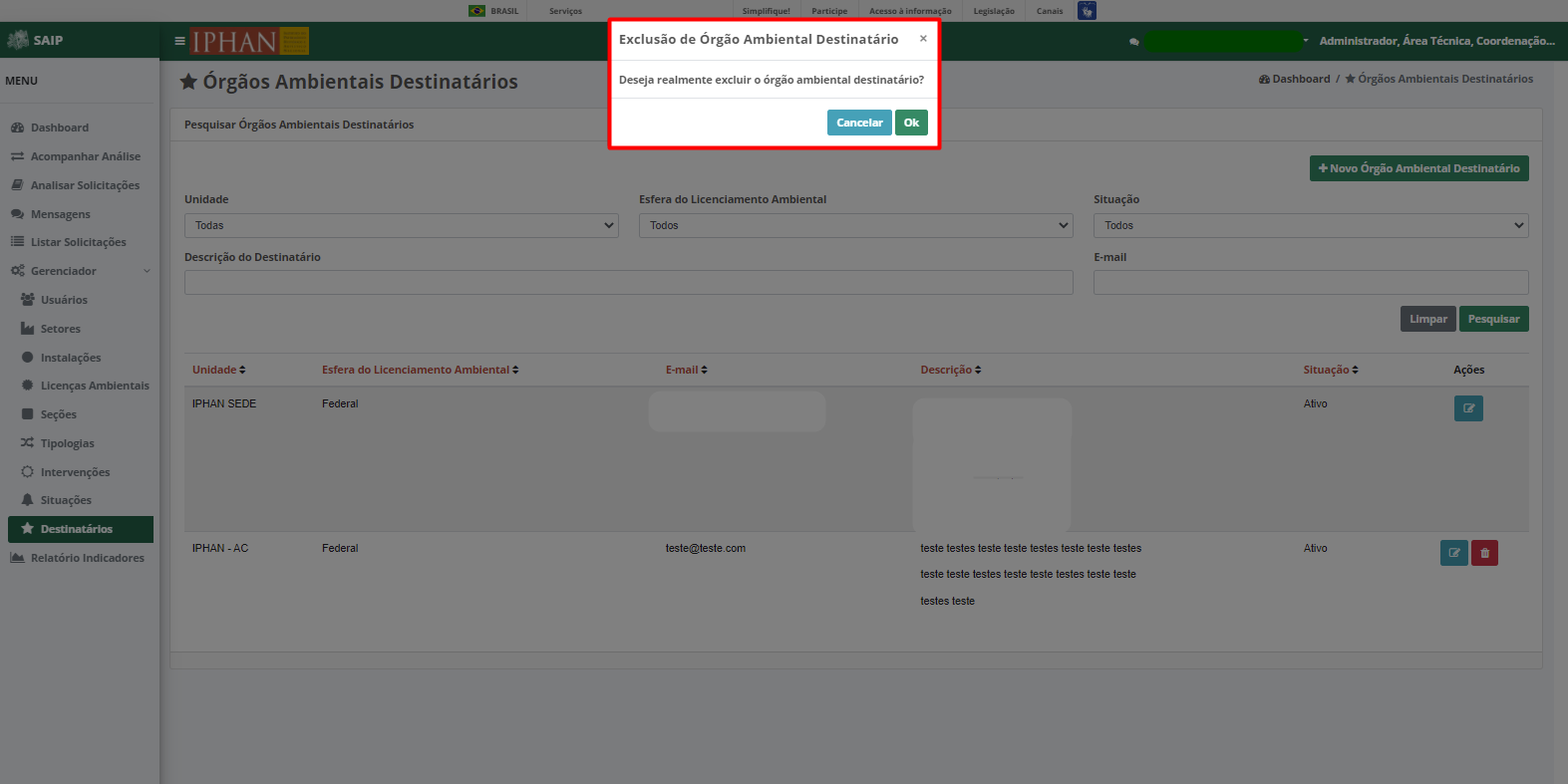 SAIP Interno Gerenciador Excluir Destinatário