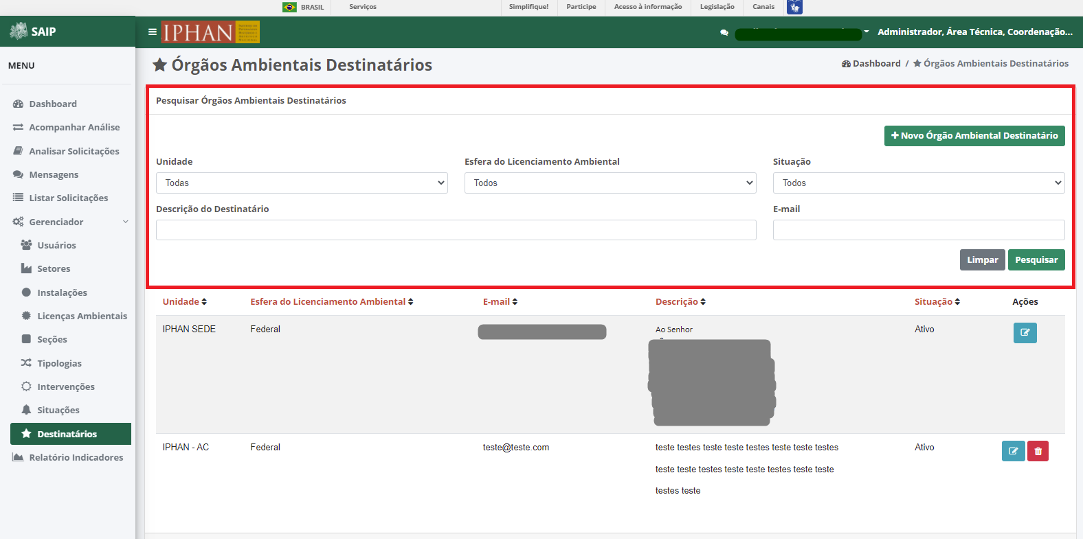SAIP Interno Gerenciador Destinatários Filtros
