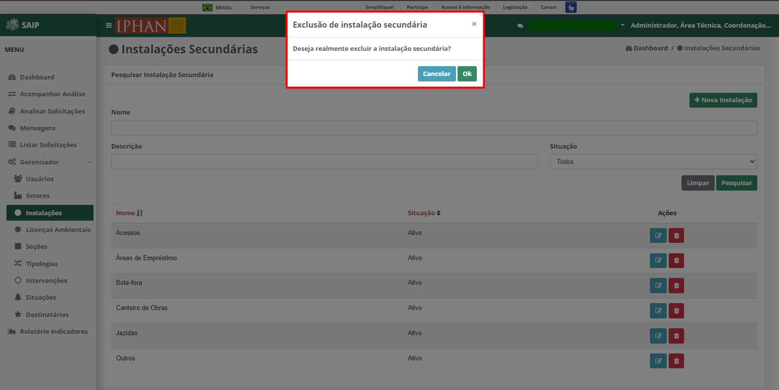 SAIP Interno Gerenciador Excluir instalação