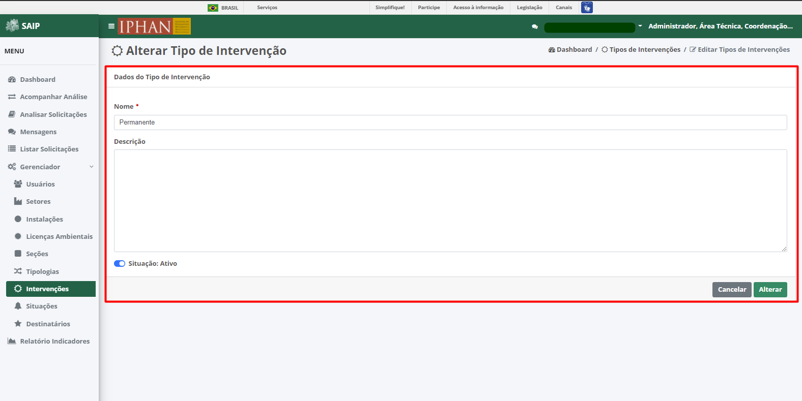 SAIP Interno Gerenciador Editar Intervenções