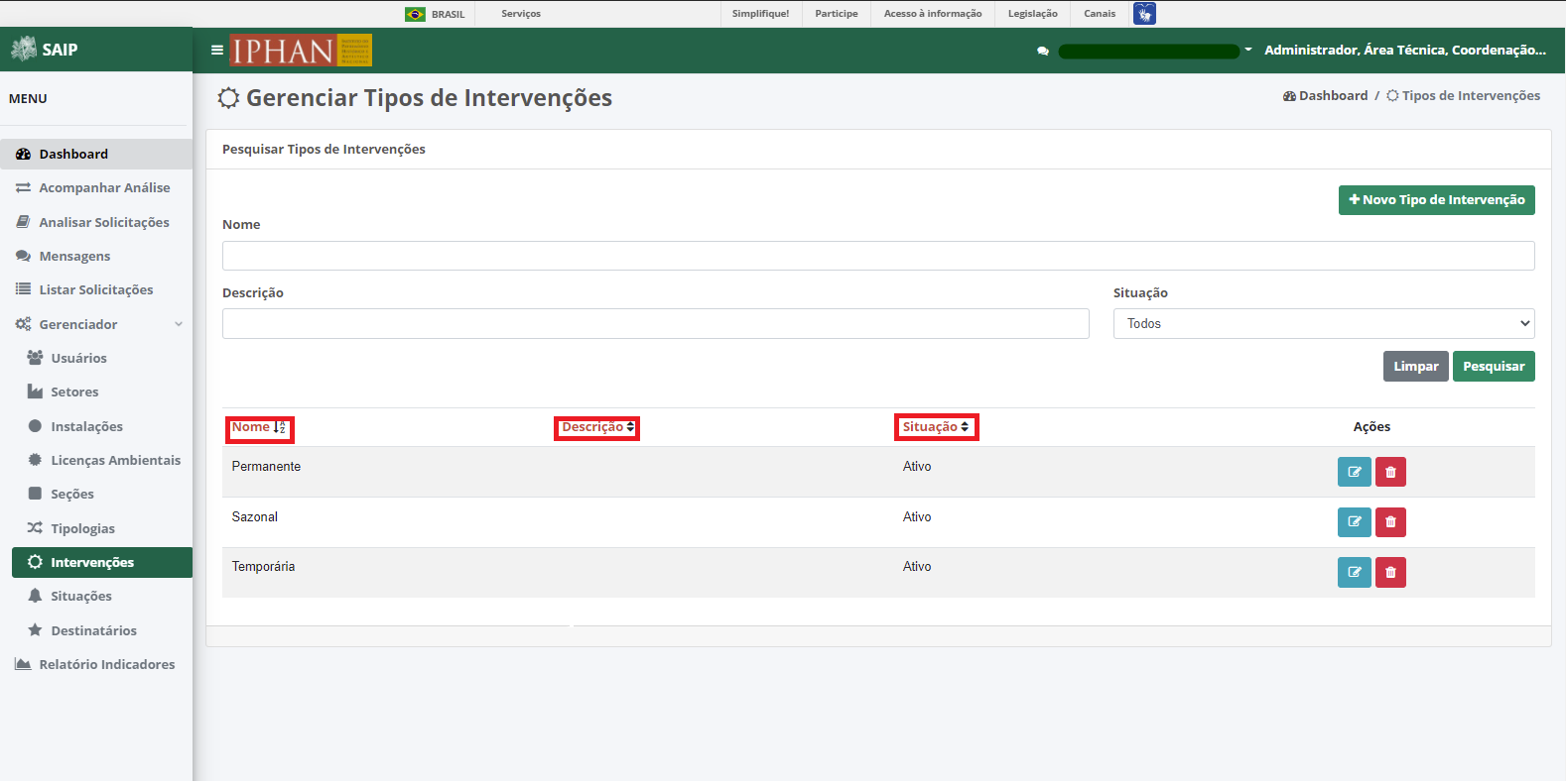 SAIP Interno Gerenciador Intervenções Ordenar