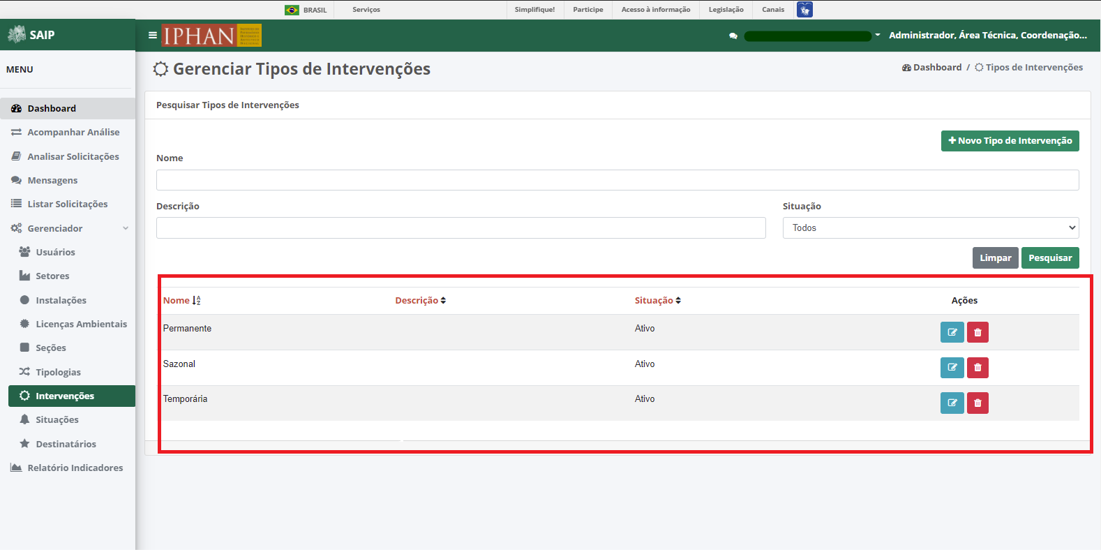 SAIP Interno Gerenciador Intervenções Resultado