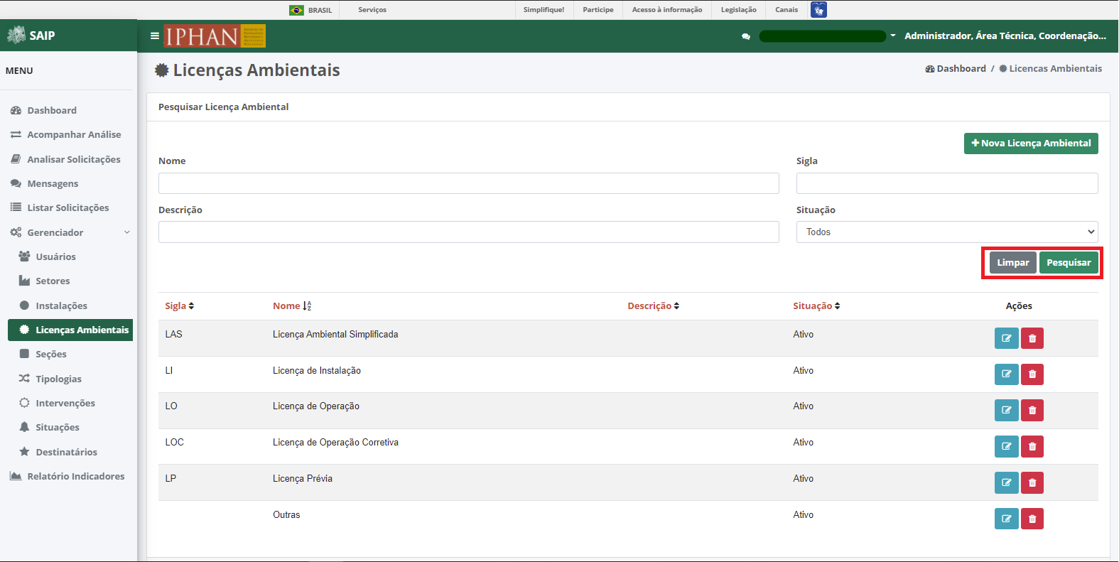 SAIP Interno Gerenciador Licencas Pesquisar