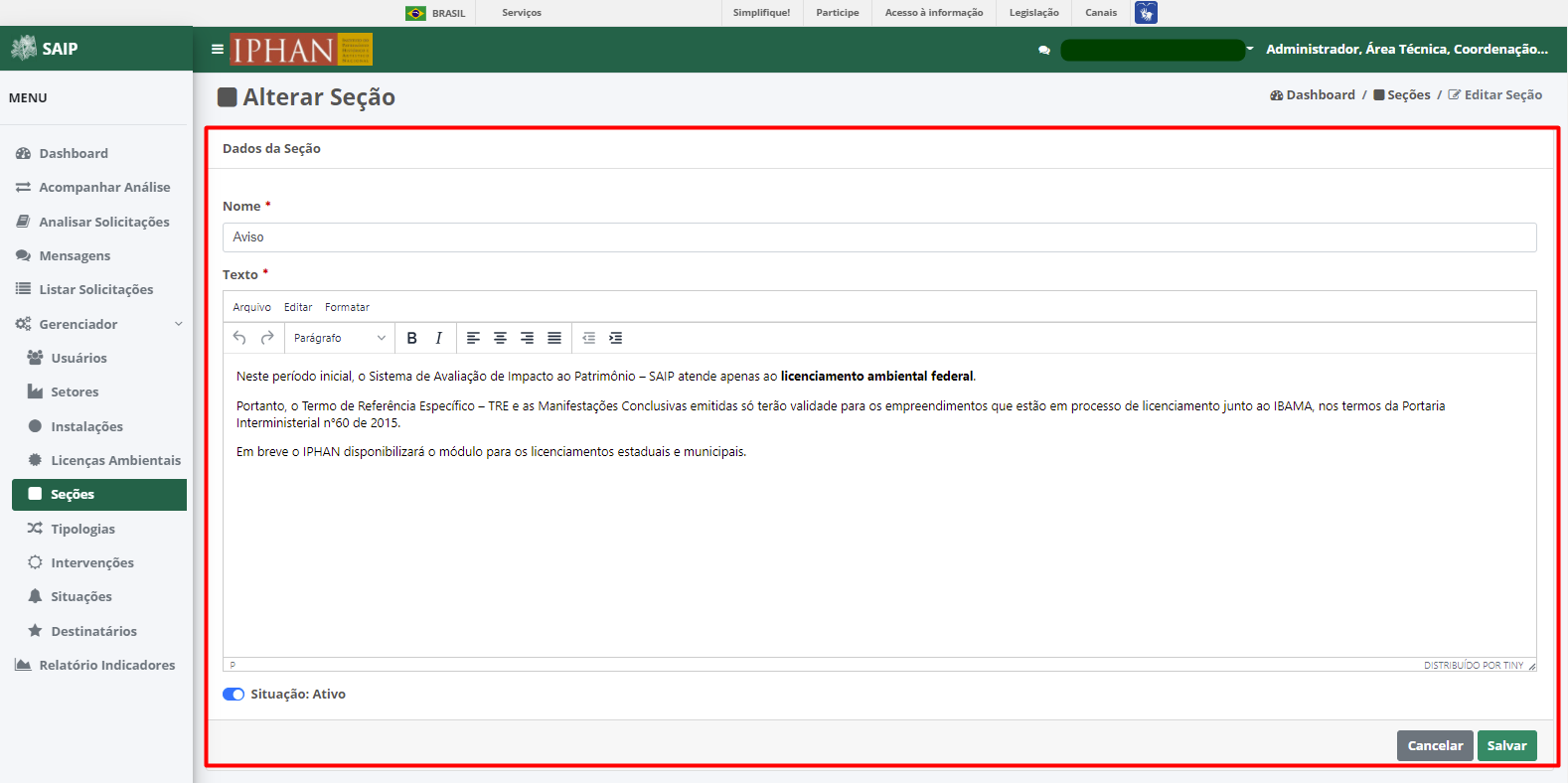 SAIP Interno Gerenciador Editar Seção