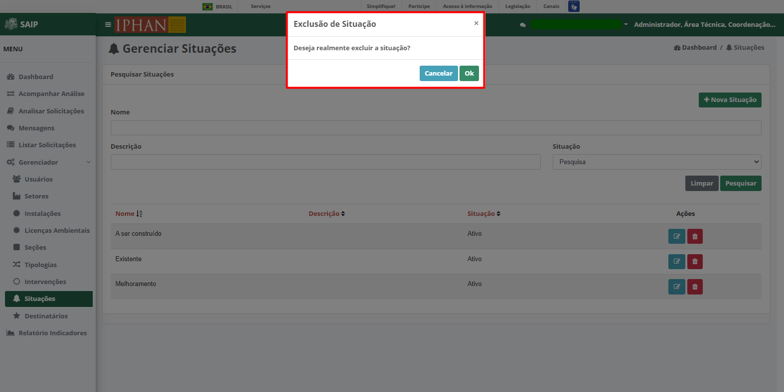 SAIP Interno Gerenciador Excluir Situação