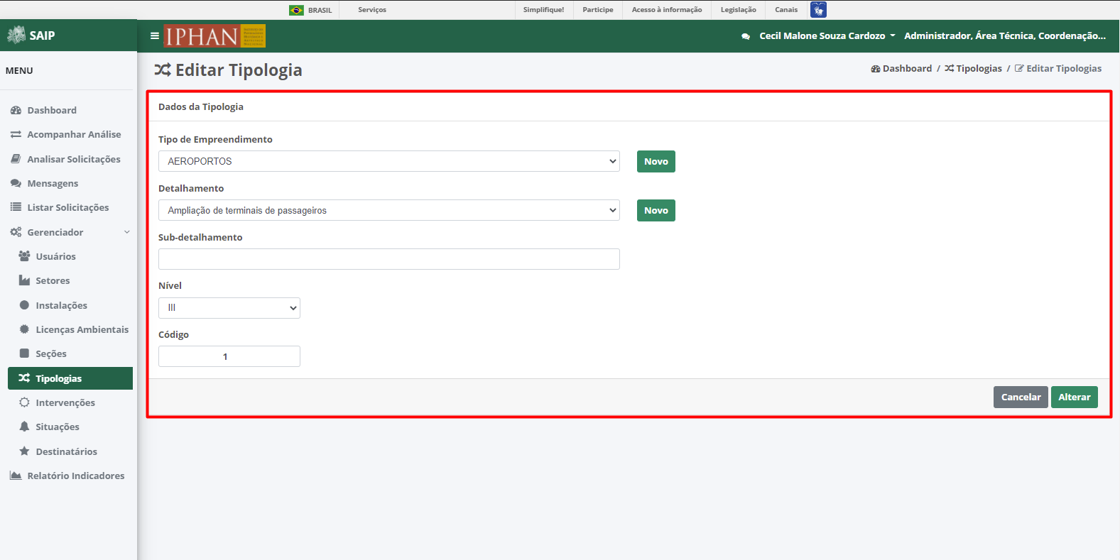 SAIP Interno Gerenciador Editar Tipologia
