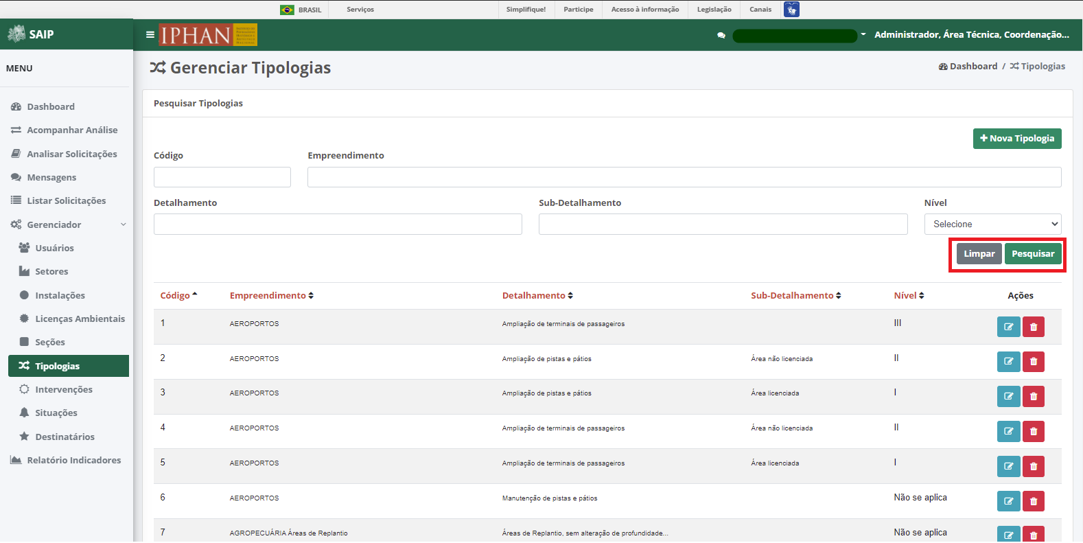 SAIP Interno Gerenciador Tipologia Pesquisar