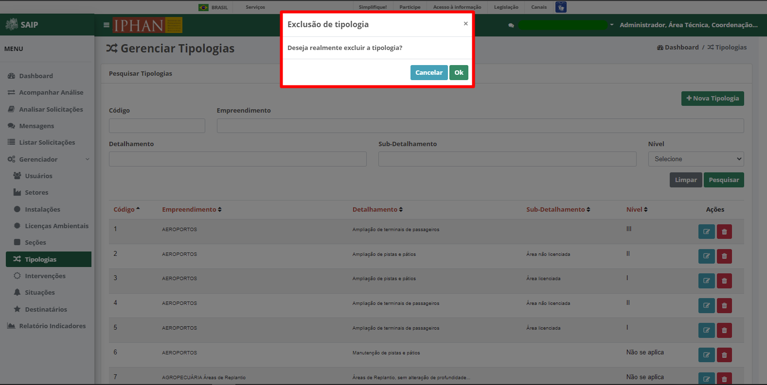 SAIP Interno Gerenciador Excluir Tipologia