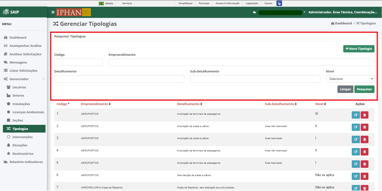 SAIP Interno Gerenciador Pesquisar Tipologia