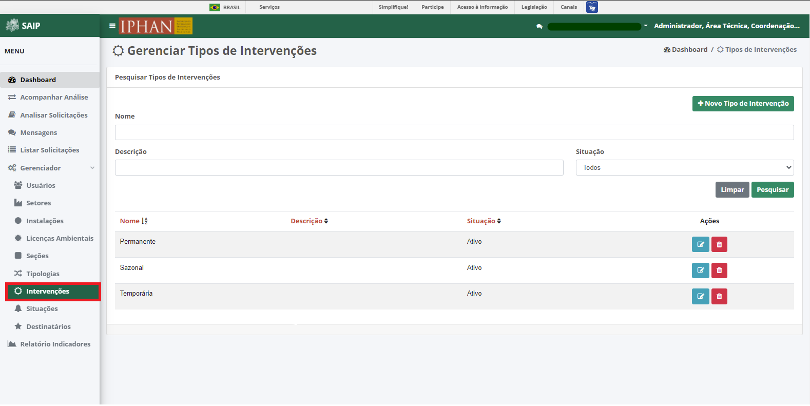 SAIP Interno Gereciador Tipos Intervencoes