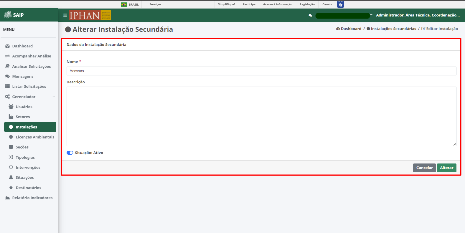 SAIP Interno Gerenciador Editar instalacao