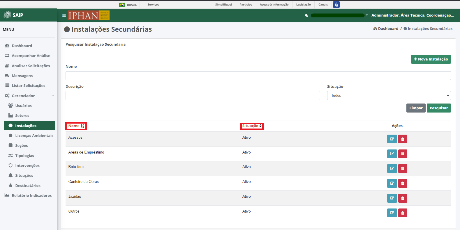 SAIP Interno Gerenciador instalacoes Ordenar
