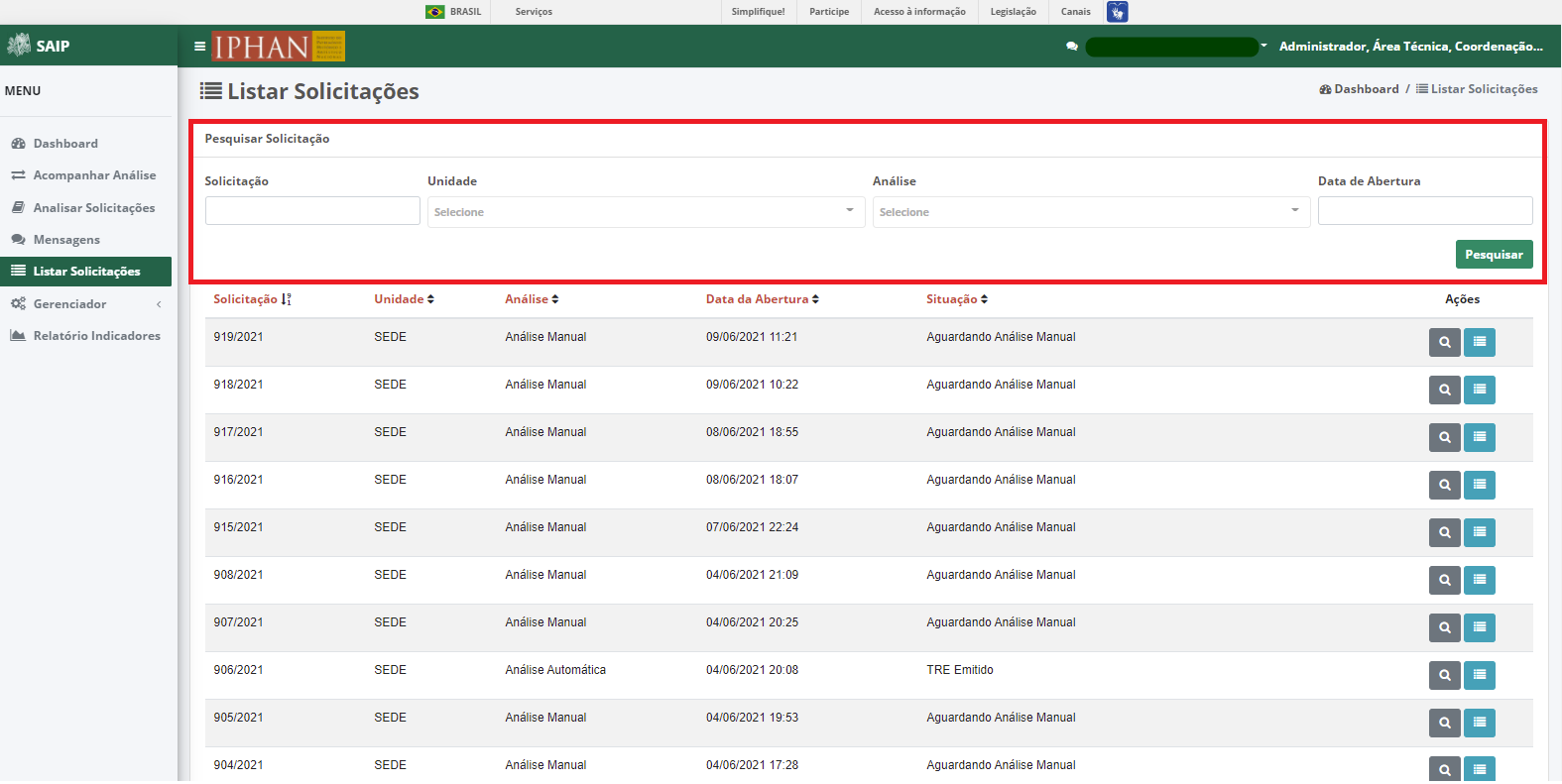 SAIP Interno Listar Solicitações Filtros