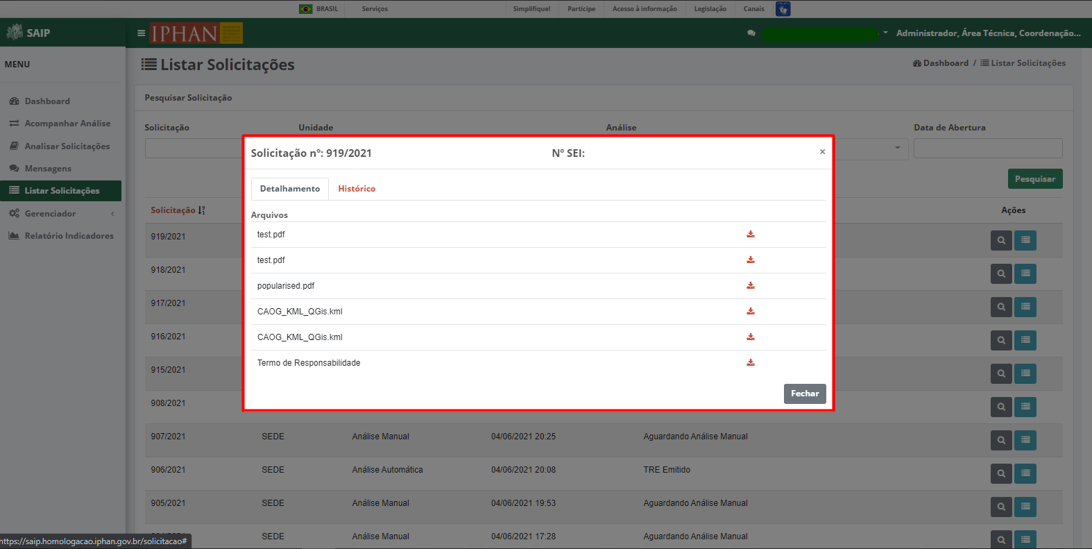 SAIP Interno Listar Solicitações Detalhar