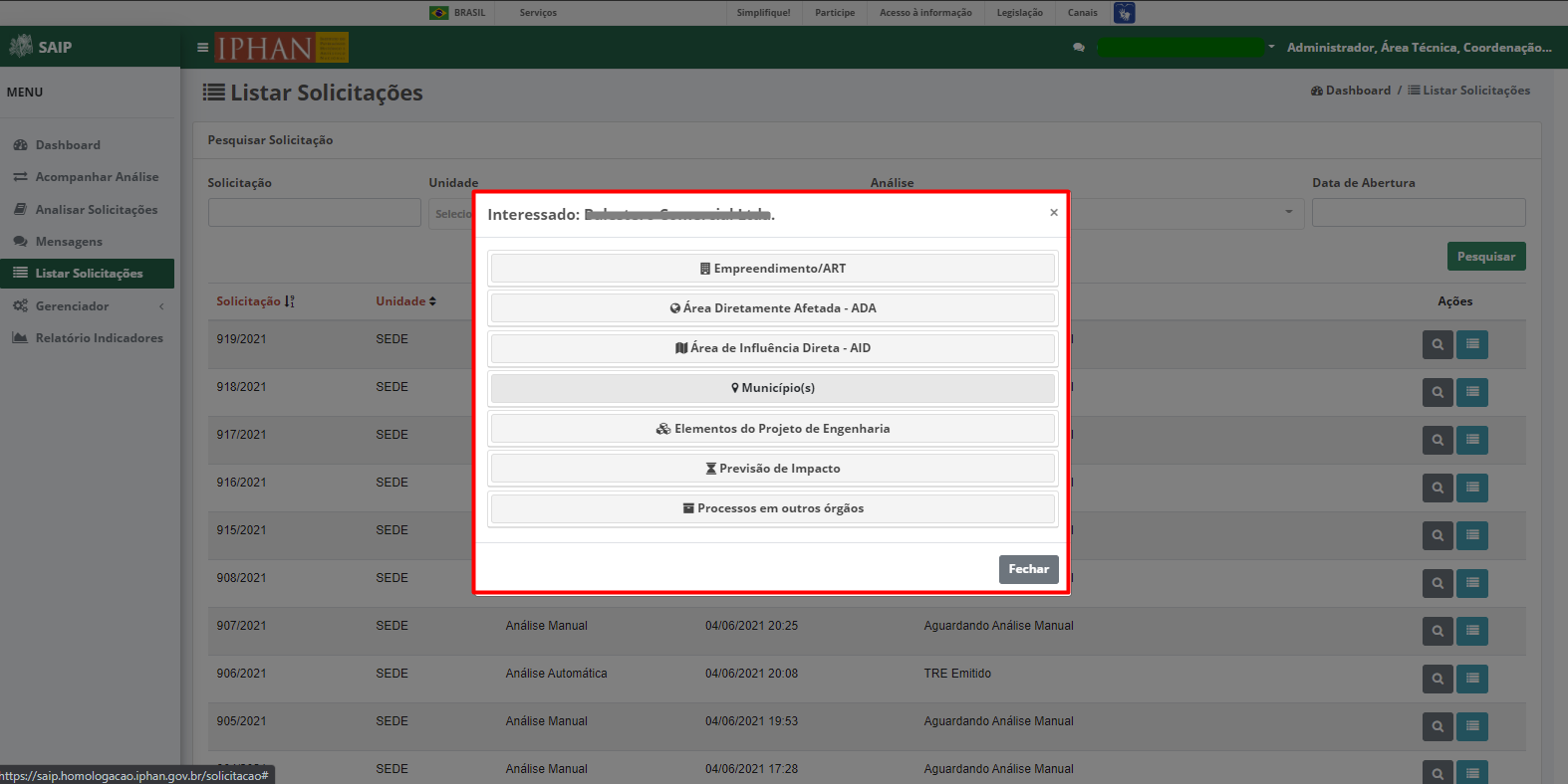 SAIP Interno Listar Solicitações Visualizar
