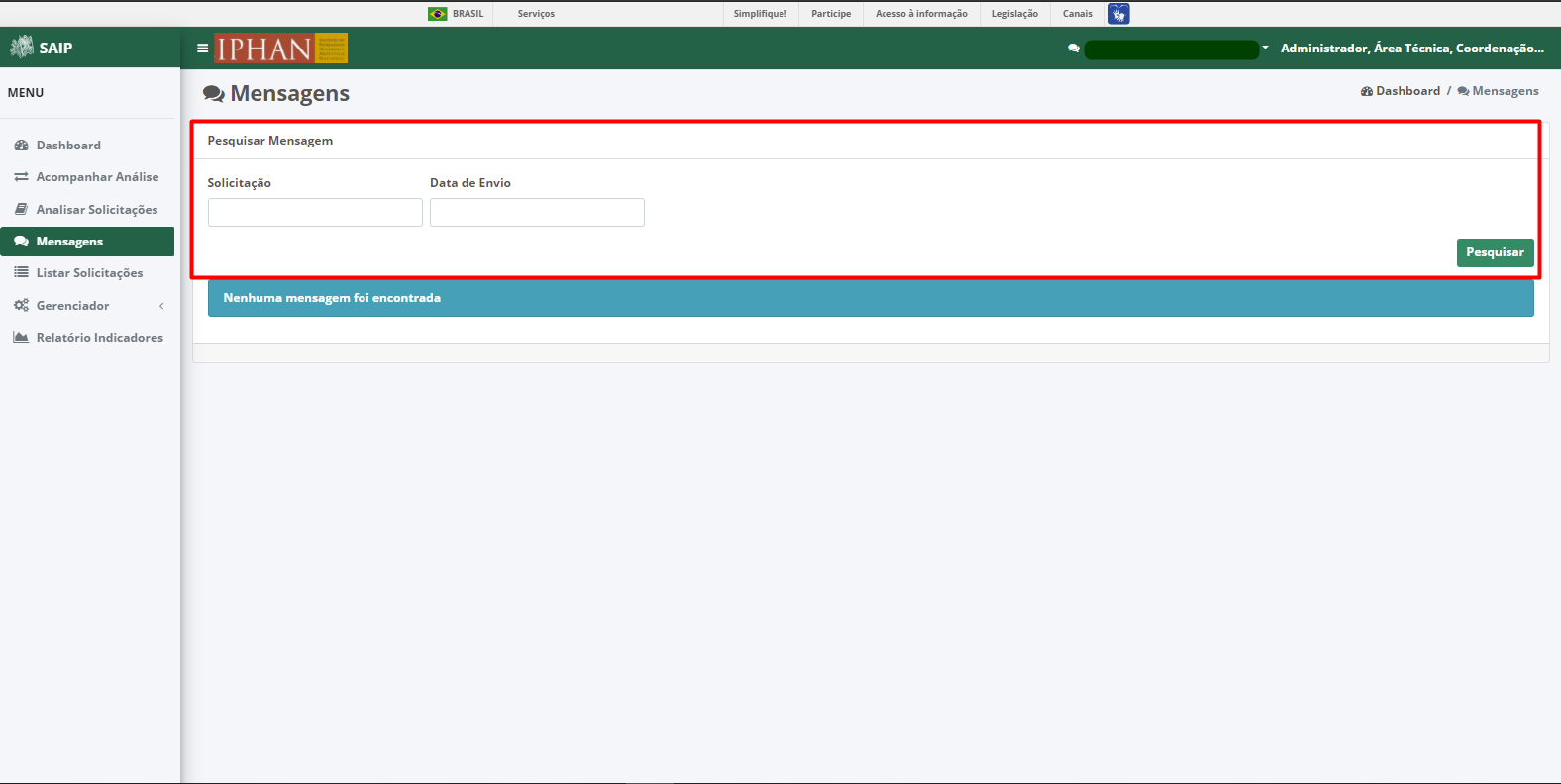 SAIP Interno Mensagens Filtros